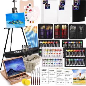 imageESRICH Acrylic Paint Canvas Set52 Piece Professional Painting Supplies Kit with 2 Wood Easel2  12Colors2  10 BrushesCircular Canvas EtcPremium Paint Kit for KidsStudents Artists and Beginner96 Color