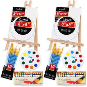 imageESRICH Acrylic Paint Canvas Set52 Piece Professional Painting Supplies Kit with 2 Wood Easel2  12Colors2  10 BrushesCircular Canvas EtcPremium Paint Kit for KidsStudents Artists and Beginner24 Color