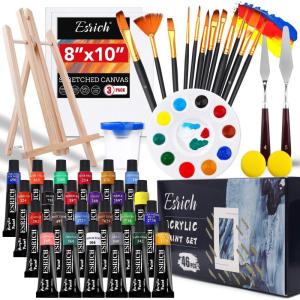 imageESRICH 26PCS Acrylic Paint Set with 12Colors Acrylic Paints 12ml 04 oz 10 Paint Brushes 2Canvas 1 Wood Easel 1 Plate Painting Supplies Kits for Kids Adults Artists and Beginners24color