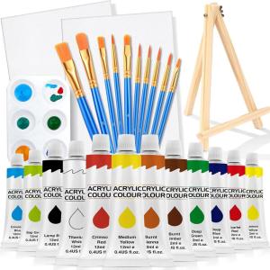 imageESRICH 26PCS Acrylic Paint Set with 12Colors Acrylic Paints 12ml 04 oz 10 Paint Brushes 2Canvas 1 Wood Easel 1 Plate Painting Supplies Kits for Kids Adults Artists and Beginners12