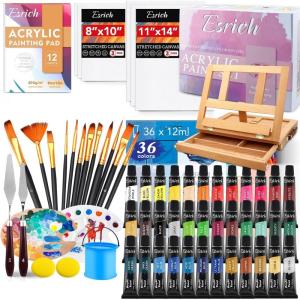 imageESRICH 26PCS Acrylic Paint Set with 12Colors Acrylic Paints 12ml 04 oz 10 Paint Brushes 2Canvas 1 Wood Easel 1 Plate Painting Supplies Kits for Kids Adults Artists and Beginners36 Color Acrylic Paints