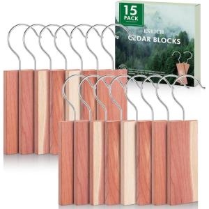 imageESRICH Cedar Blocks for Clothes Storage15 Pack with Metal Hooks100 Natura Cedars Wood for ClosetsCedars Planks with SandpaperCedar Chips for Closets and Drawers014 Ounce Pack of 15