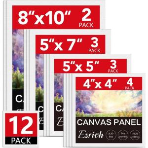 imageESRICH 48 Pack Canvas Boards for Painting 6Pcs of 4x4 4x6 5x6 6x6 8x10 10x10 9x12 11x14 Canvas for Painting Cotton Primed Blank Painting Canvas Panels for Oil Acrylic Watercolor12 pack4x4 5x5 5x7 8x10