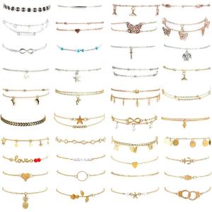 imageESRICH 3040PCS Anklets for Women Ankle Bracelets for Wemen with Gold Silver Rose Gold Three Style Anklets for Women Waterproof for Beach Jewelry Gifts Adjustable Size Beach Anklet Set