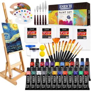 imageESRICH Professional Acrylic Paint Set 60PCS with Painting BrushesAcrylic PaintsEasel4 Sizes Blank CanvasesPalette Paint KnivesBrush Cup and Art Sponges for Adults Hobbyists and Beginners60