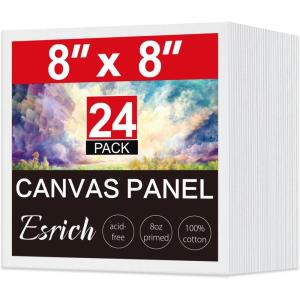 imageESRICH Canvas for Painting 24 Pack Square Canvas Boards for Painting 8x8 Cotton Primed Acid Free Blank Canvas Panels for Oil Paint Watercolor Acrylic Paint Gouache and Tempera