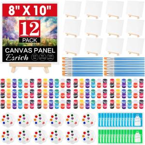 imageESRICH 12 Pack 8x10 Canvas Painting Kits for Adults with Easel Mini Acrylic Paint Paint Brushes Palettes Aprons Sip and Paint Kits for Adults Couples Friends Date Night Painting Party Supplies