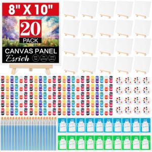 imageESRICH 20 Pack 8x10 Canvas Painting Kits for Adults with Easel Mini Acrylic Paint Paint Brushes Palettes Aprons Sip and Paint Kits for Adults Couples Friends Date Night Painting Party Supplies